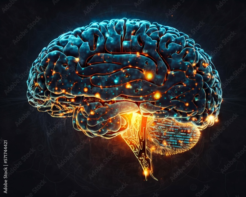 Poster human brain processing glow with technology connection data symbols. generative ai