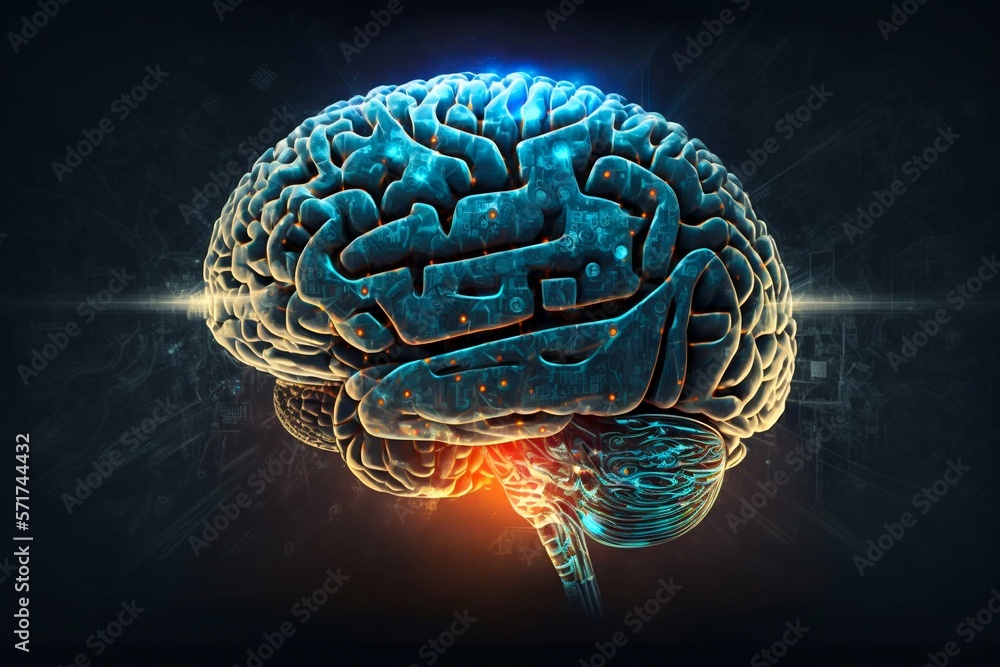 Poster human brain processing glow with technology connection data symbols. generative ai