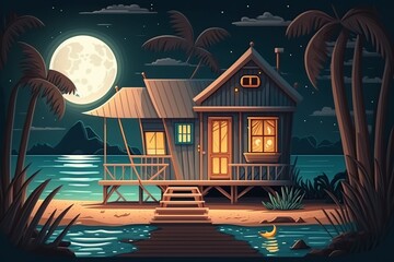 cartoon illustration, a beach hut or bungalow at night on tropical islands, ai generative