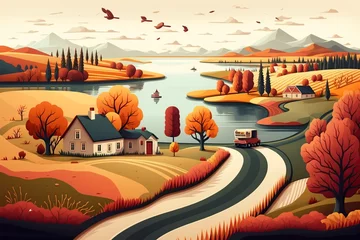 Gardinen cartoon illustration, rural autumn landscape with riverside agriculture field, ai generative © Jorge Ferreiro