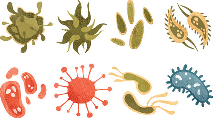 Watercolor virus cells set. Colorful bacteria and germs vector Illustration