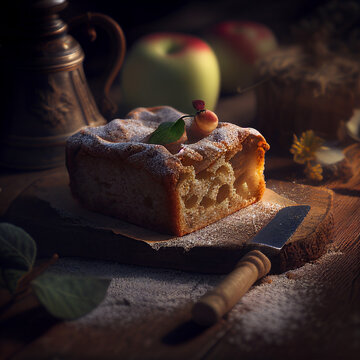 Sharlotte apple cake on a table. Slice of apple pie and knife generated by AI