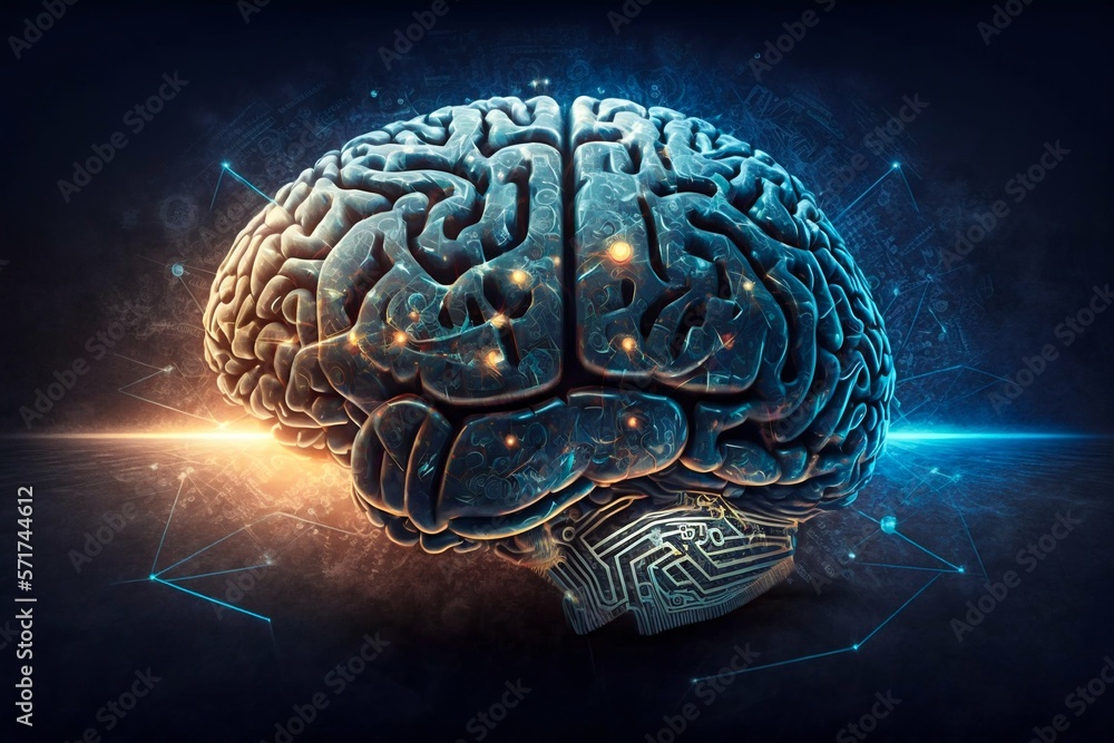 Poster human brain processing glow with technology connection data symbols. generative ai