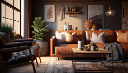 living room with natural materials warm lighting. Generative AI