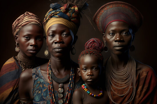 Family portrait from the Bayaka tribe in the Central African Republic. Ai generated art