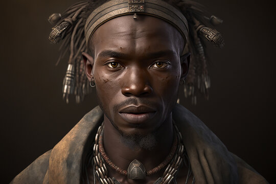 Portrait of Dogon tribe man, West Africa. Ai generated art