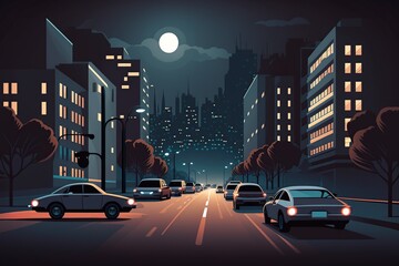 cartoon illustration, cars in the city parking lot with street lamps at night, ai generative