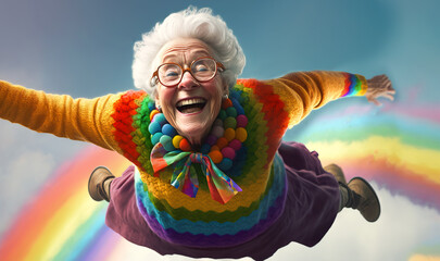Person in the rainbow, old granny falling from the sky.  Descending from the blue sky and rainbow colors, expressing great joy and happiness restored.  Image created with generative ai  - obrazy, fototapety, plakaty