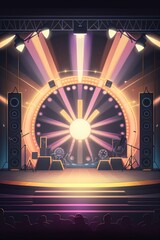 cartoon illustration, concert stage with bright decoration and spotlight, ai generative