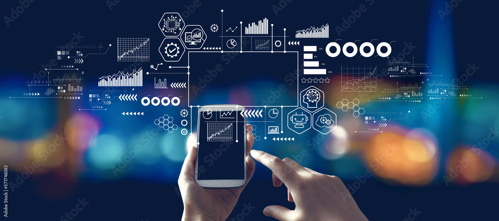 Aufkleber digital transformation and technological revolution concept with person using a smartphone in a city