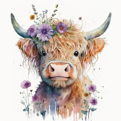 Wrendale Highland cow water colour - obrazy, fototapety, plakaty