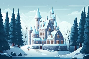 cartoon illustration, a magic castle in the fairy tale of the frozen river bank, ai generative