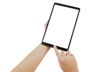 Tablet in hands on transparent background.