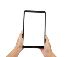 Tablet in hands on transparent background.