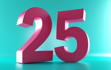 Number 25 in red on light blue background, twenty five number isolated  3d rendering.