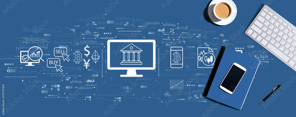 Aufkleber cryptocurrency fintech theme with a computer keyboard and office items