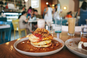 Stack of pancakes for brunch at an Australian cafe
