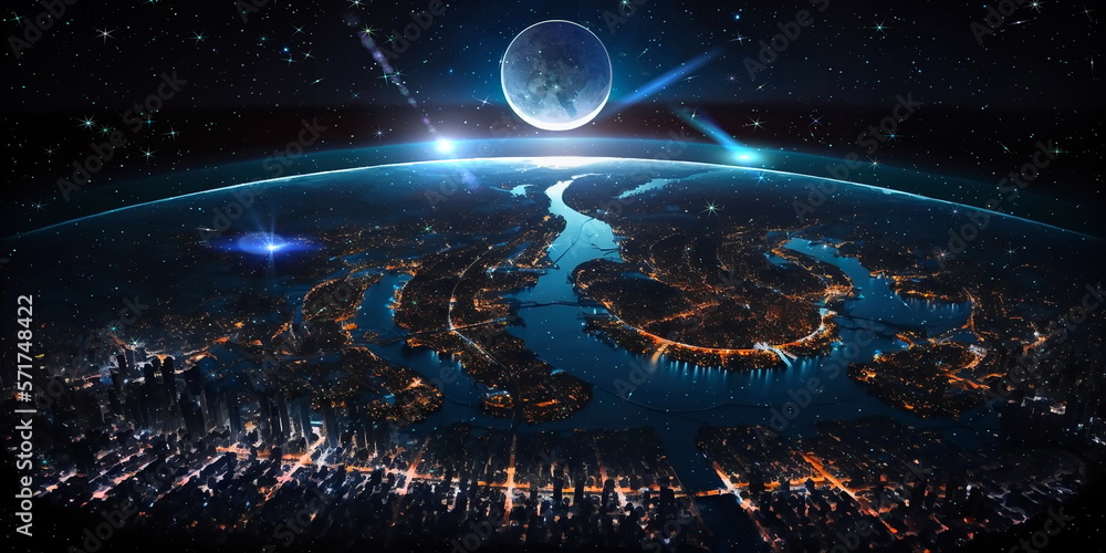 Wall mural earth and night city light map starry sky and moon view from space surrealism concept ,generated ai