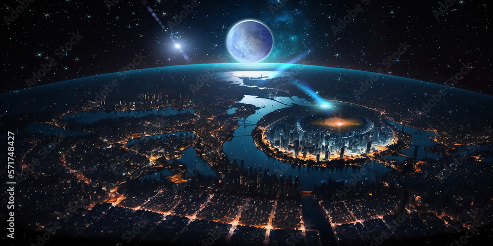 Wall mural earth and night city light map starry sky and moon view from space surrealism concept ,generated ai