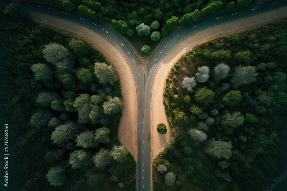 Wall mural fork in the road path decision choice division unify divergence convergence right wrong road less tr