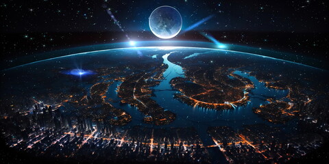   earth and  night city light map starry sky and  moon view from space surrealism concept ,generated ai