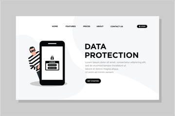 data protection landing page. Cyber thief, hacker, get out with a bag of personal information landing page. Cyber security and crime concept.