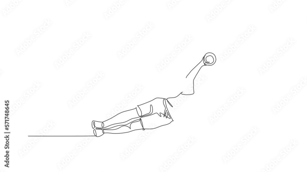 Poster animation of one line drawing of energetic man working out doing side plank with dumbbell in gym. fi