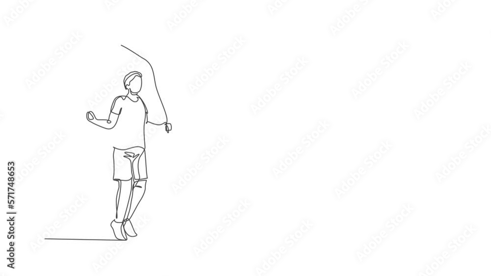 Aufkleber animated self drawing of continuous line draw young happy man exercise jumping with skipping rope in
