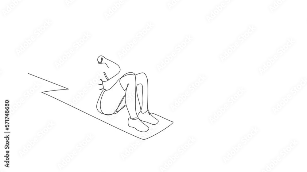 Poster animated self drawing of single continuous line draw young happy man exercising doing sit up pose on