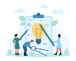 Innovation idea and design vector illustration. Cartoon tiny people hold pencil, compass and ruler to create light bulb project and creative invention, technical team thinking on startup scheme