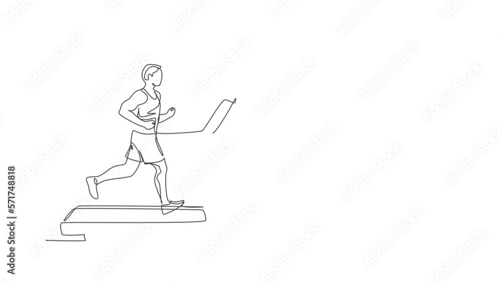 Poster animated self drawing of single continuous line draw young sportive man training speed run with trea