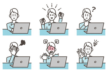 Laptop and emotional variations of a young man (vector illustration material)