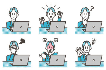 Fototapeta na wymiar Emotional variations of a young male businessperson looking at a laptop computer [Vector illustration].
