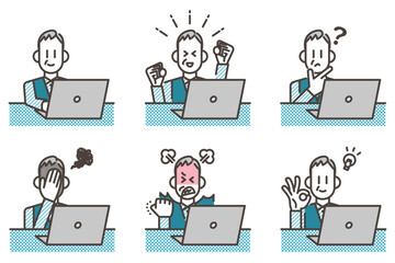 Emotional variations of an elderly man looking at a laptop computer [Vector illustration].