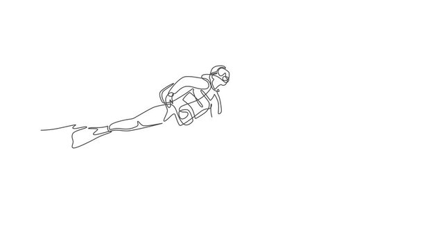 Animation of one line drawing of energetic man swimming on sea ocean to see fish, coral reef and underwater life. Health lifestyle sport concept. Continuous line self draw animated. Full length motion