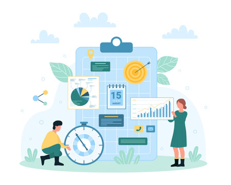 Time management with digital schedule vector illustration. Cartoon tiny people plan and control daily tasks with business meeting planner, check and organize events on board of calendar with notes