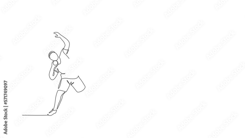Poster animation of one line drawing of energetic man exercise the stance before throw shot put into field.