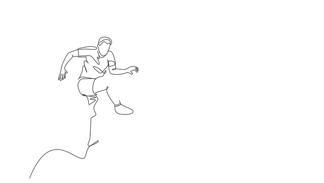 Animation of one line drawing of young happy man perform soccer freestyle, jump juggling at the city square. Football freestyler sport concept. Continuous line self draw animated. Full length motion.