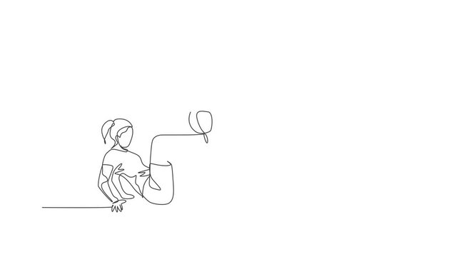 Animated self drawing of continuous line draw young sportive woman train soccer freestyle, juggling with shinbone on the field. Football freestyler concept. Full length one line animation illustration