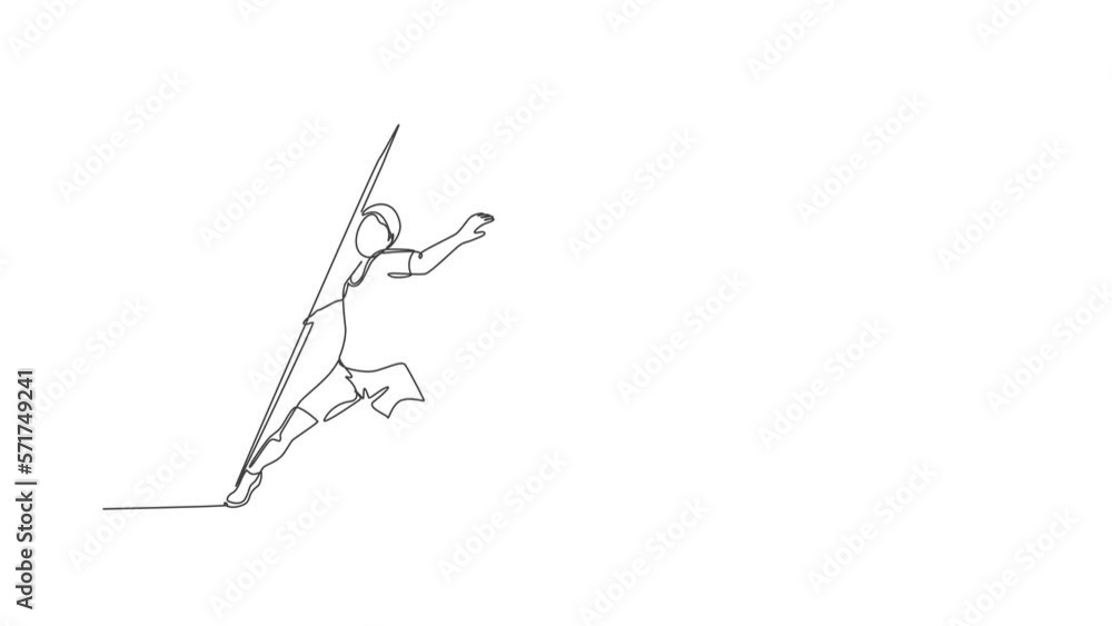 Poster animation of one single line drawing of young energetic man exercise throw javelin with all the powe
