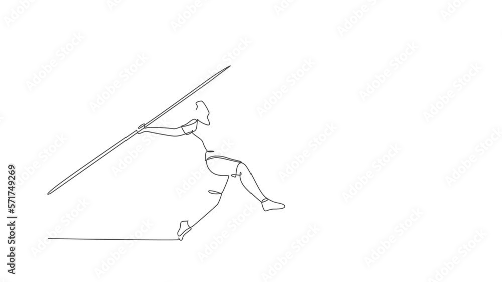 Poster animated self drawing of one continuous line draw young sporty man exercise to run stance before thr