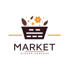 Basket with flowers, market logo vector icon illustration design template.