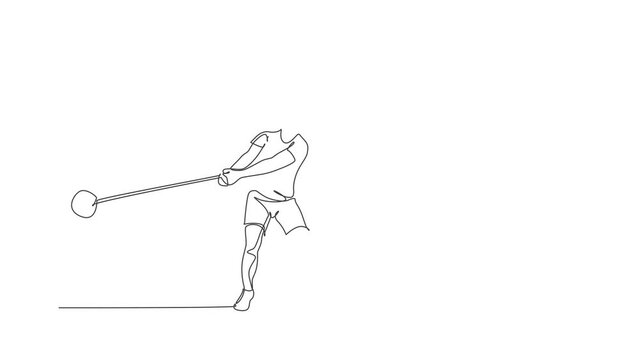 Animated self drawing of single continuous line draw young sportive man practice to concentrate while swinging hammer on the court stadium. Athletic games sport concept. Full length one line animation