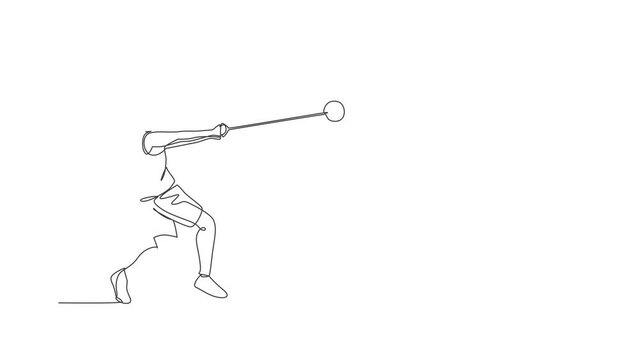 Animated self drawing of continuous line draw young sporty man exercise to focus before throw hammer on the field. Athletic games. Olympic sport concept. Full length single line animation illustration