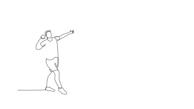 Animation of one line drawing of energetic woman exercise to throw shot put powerfully on the field. Healthy lifestyle athletic sport concept. Continuous line self draw animated. Full length motion.