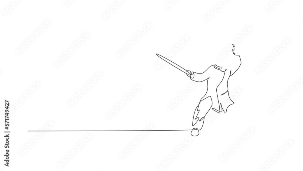 Poster animated self drawing of single continuous line draw young woman wushu fighter, kung fu master in un