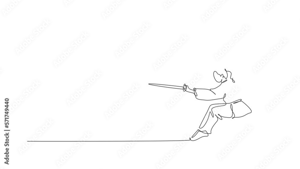 Poster animated self drawing of single continuous line draw young woman wushu fighter, kung fu master in un