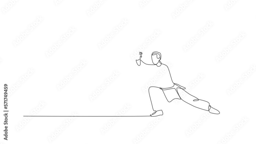 Poster animated self drawing of single continuous line draw young man wushu fighter, kung fu master in unif