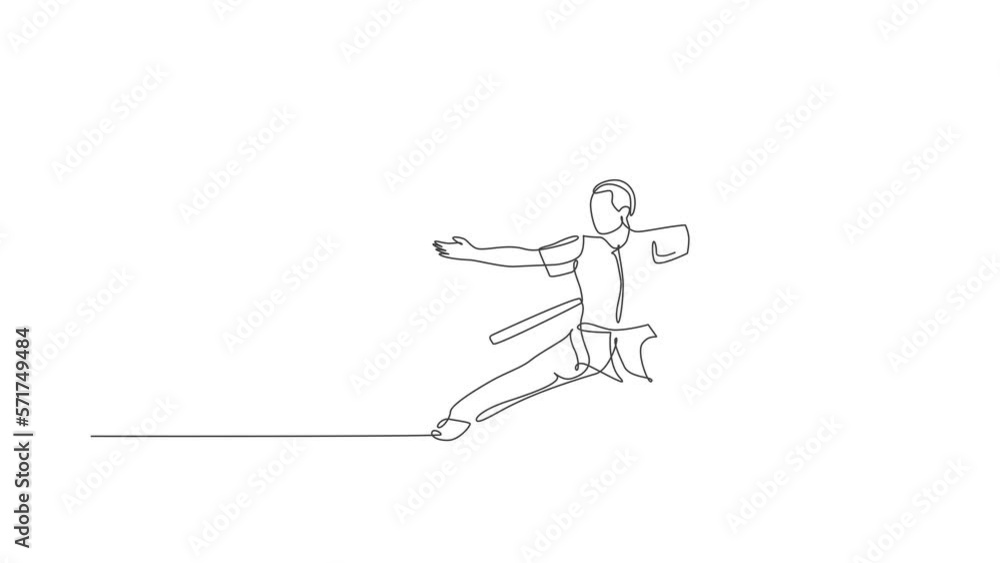 Poster animated self drawing of continuous line draw young man wushu fighter, kung fu master in uniform tra