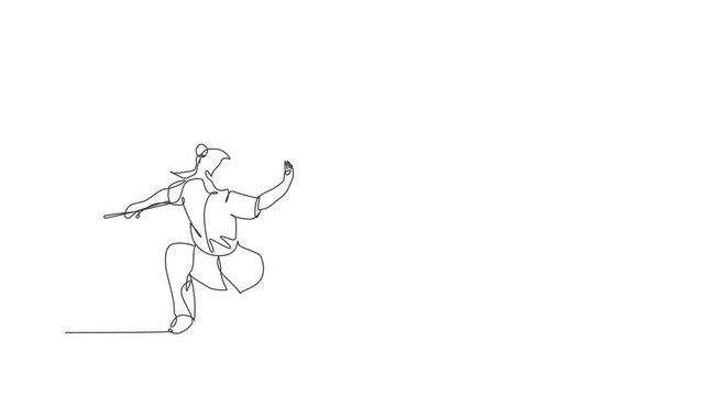 Animated self drawing of single continuous line draw young woman wushu fighter, kung fu master in uniform train with long staff at dojo center. Fighting contest concept. Full length one line animation